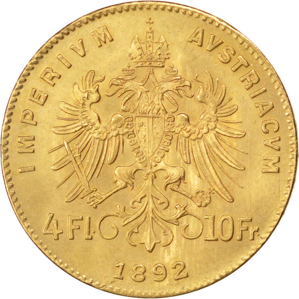AUSTRIA, 4 Florin 10 Francs, 1892, KM #2260, AU(55-58), Gold, 3.23
