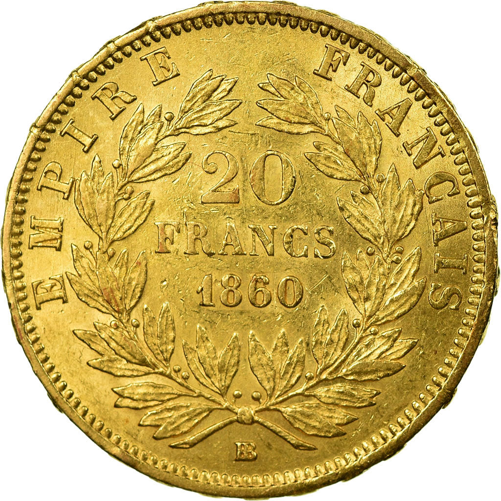 Moneda, Francia, Napoleon III, Napoléon III, 20 Francs, 1860, Strasbourg, MBC+
