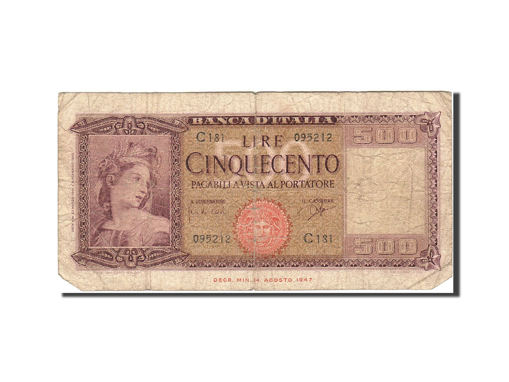 Italy, 500 Lire, 1947, KM:80b, 1961-03-23, VG(8-10)