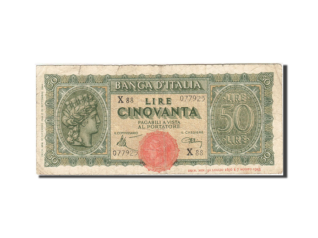 Italy, 50 Lire, 1944, KM:74a, 1944-12-10, VF(20-25)