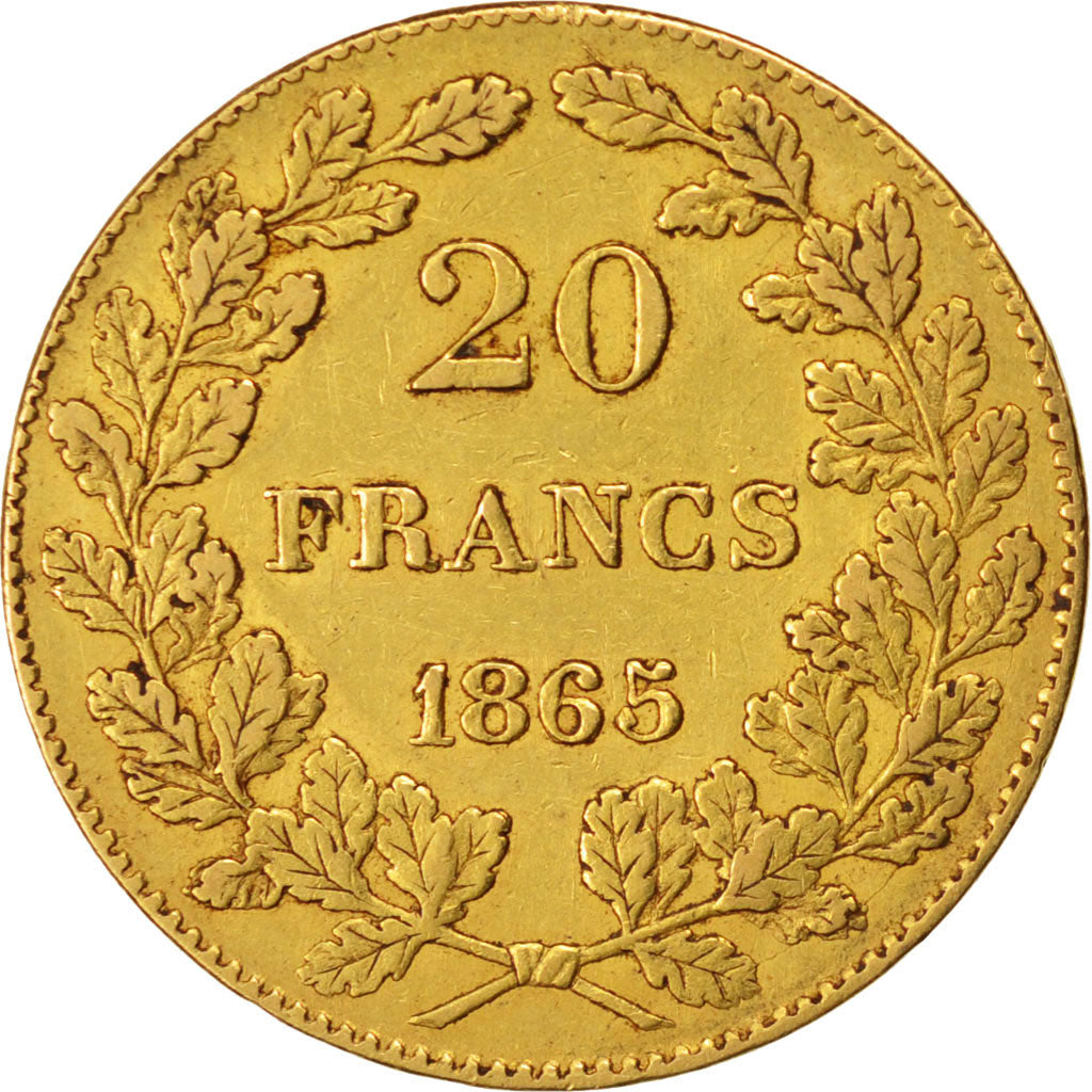 BELGIUM, 20 Francs, 20 Frank, 1865, KM #23, EF(40-45), Gold, 6.45