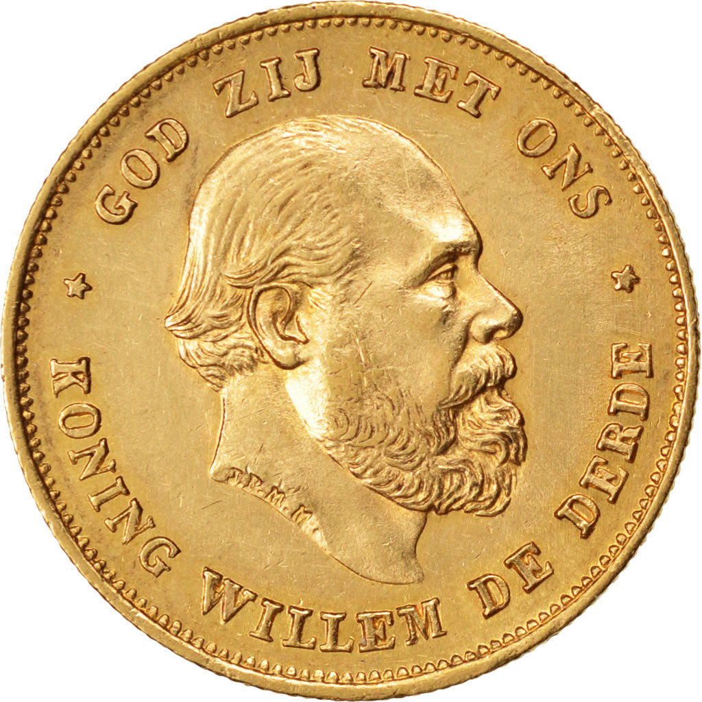 NETHERLANDS, 10 Gulden, 1875, KM #105, AU(55-58), Gold, 22.5, 6.73