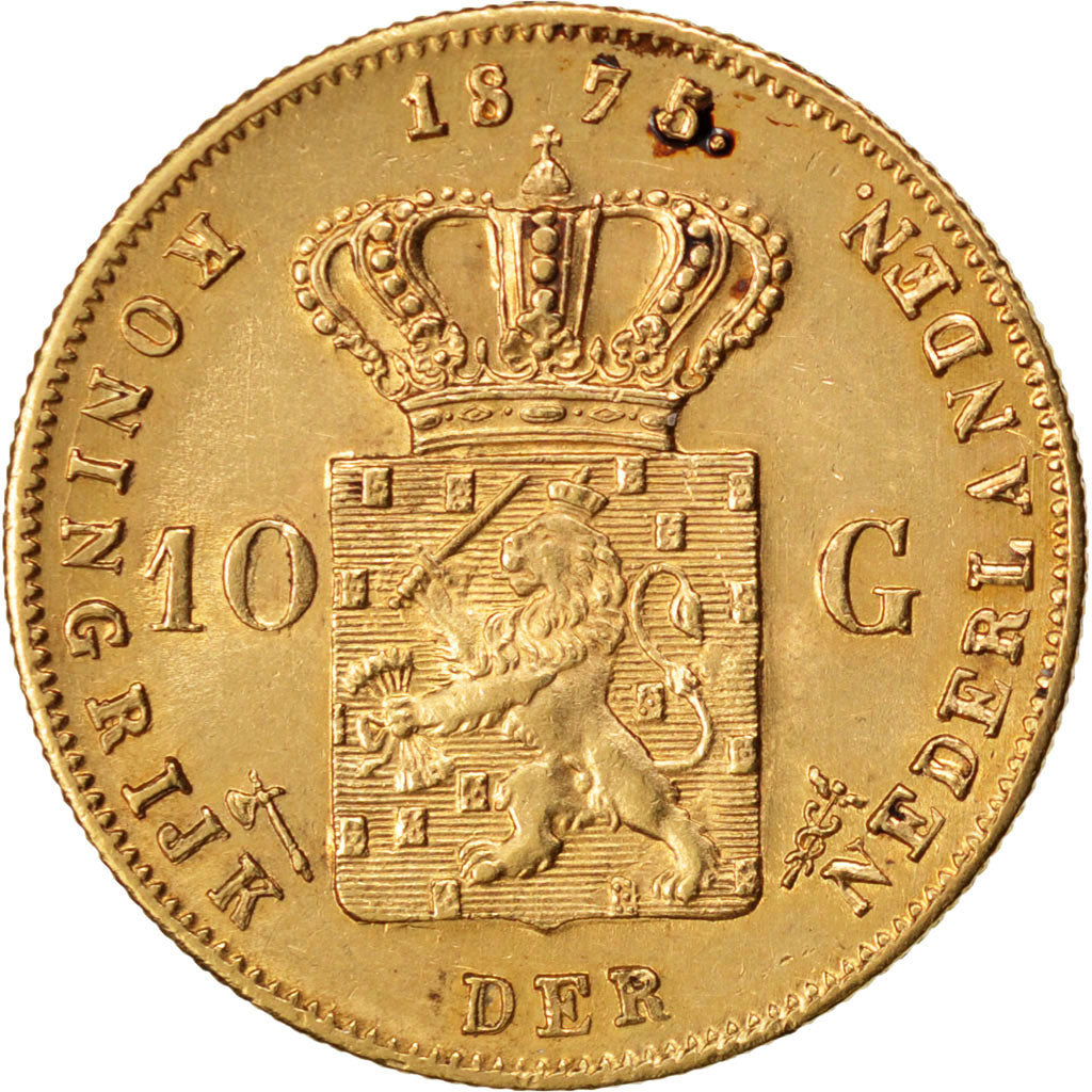 NETHERLANDS, 10 Gulden, 1875, KM #105, AU(55-58), Gold, 22.5, 6.73