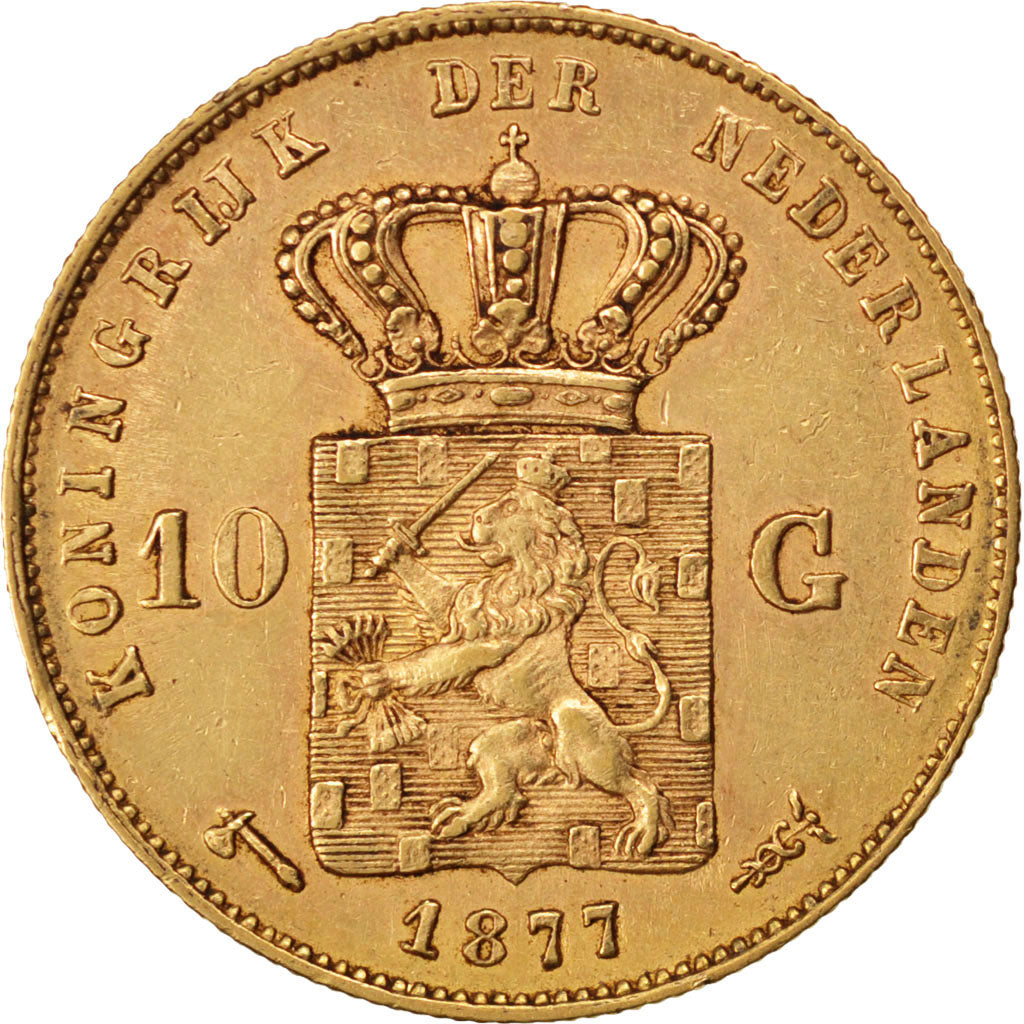 NETHERLANDS, 10 Gulden, 1877, KM #106, EF(40-45), Gold, 22.5, 6.70