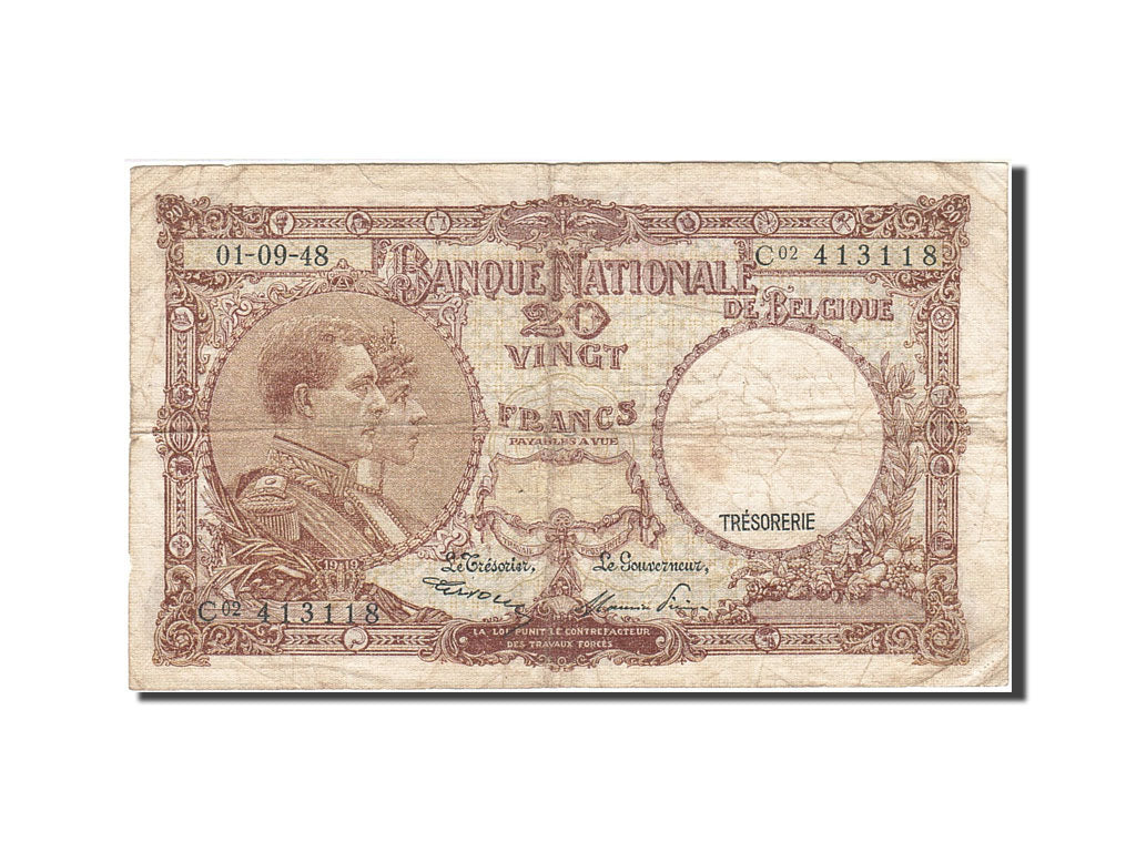 Banknote, Belgium, 20 Francs, 1948, 1948-09-01, KM:116, VG(8-10)