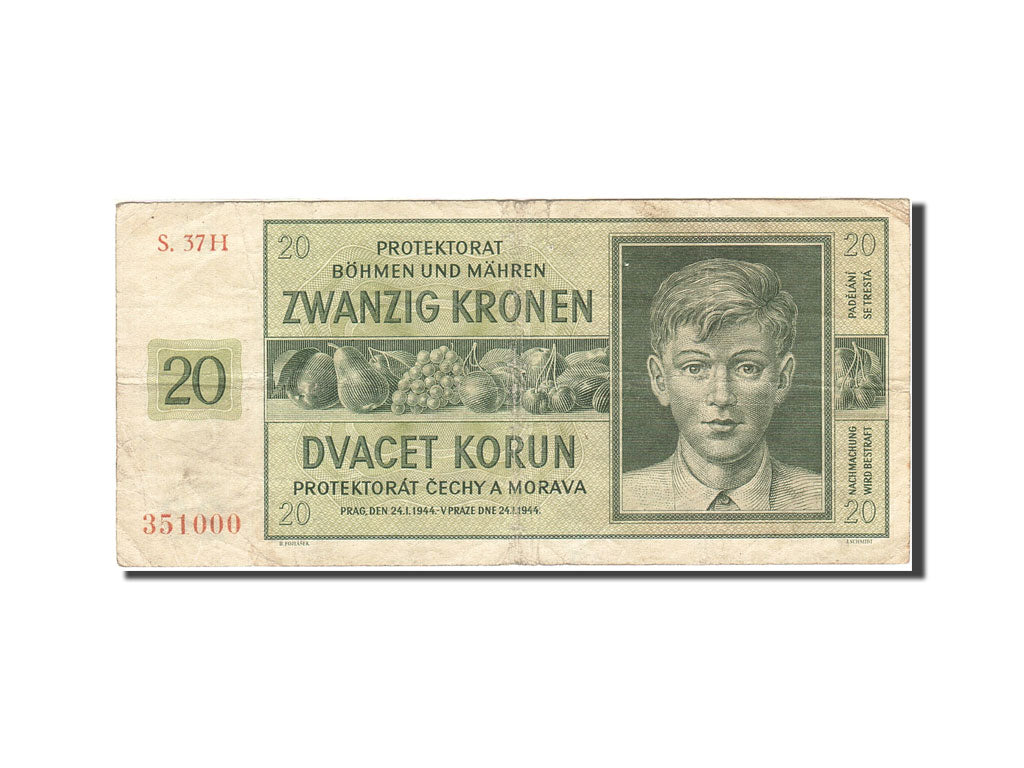 Bohemia and Moravia, 20 Korun, 1942-1944, KM:9a, 1944-01-24, VF(20-25)