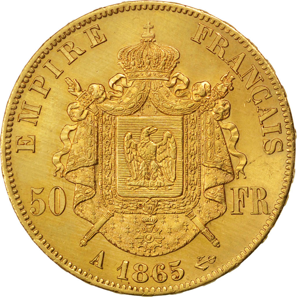 FRANCE, Napoléon III, 50 Francs, 1865, Paris, KM #804.1, graded, PCGS, MS(63), G