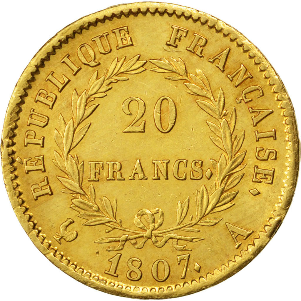 FRANCE, Napoléon I, 20 Francs, 1807, Paris, KM #A687.1, MS(63), Gold, Gadoury #.