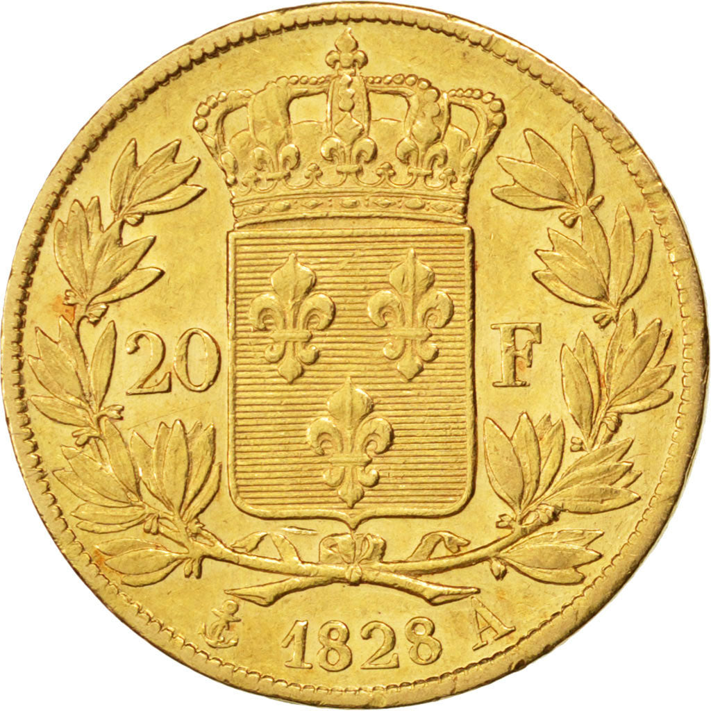 FRANCE, Charles X, 20 Francs, 1828, Paris, KM #726.1, AU(50-53), Gold, Gadoury..