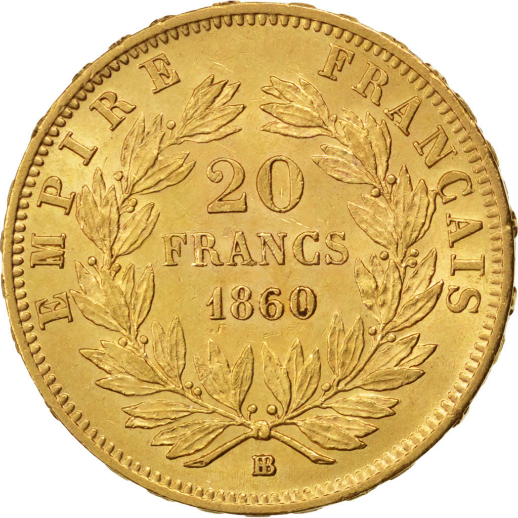 FRANCE, Napoléon III, 20 Francs, 1860, Strasbourg, KM #781.2, AU(55-58), Gold, G