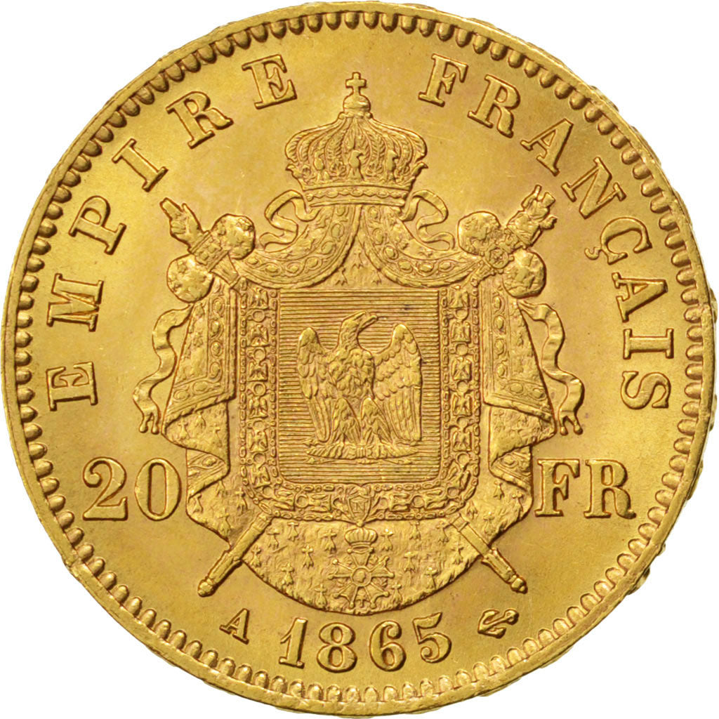 Second Empire, 20 francs Napoléon III tête laurée, 1865 A, PCGS MS64
