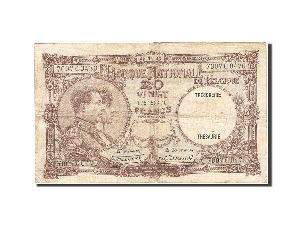 Billet, Belgique, 20 Francs, 1926, 1931-11-09, KM:98b, B+
