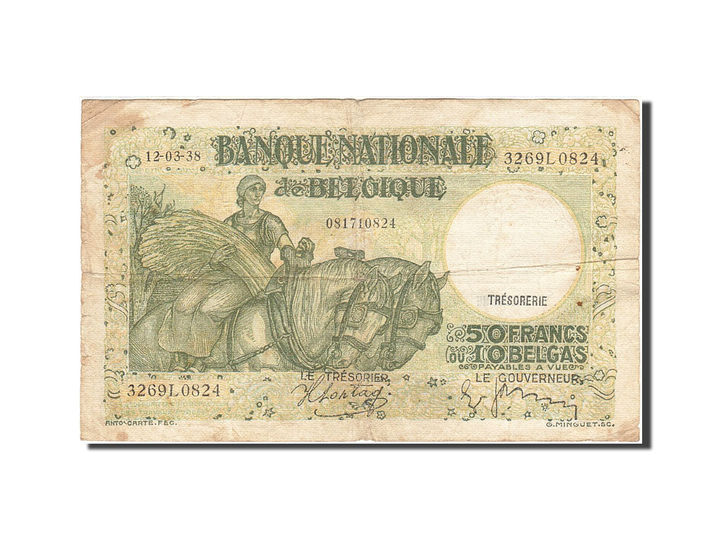 Belgium, 50 Francs-10 Belgas, 1933-1935, KM:106, 1938-03-12, VF(20-25)