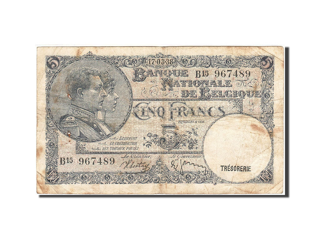 Belgique, 5 Francs, 1938, KM:108a, 1938-03-17, B+