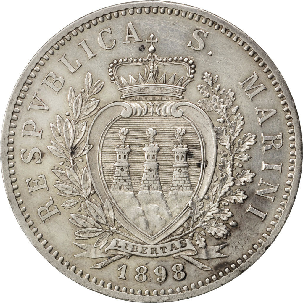 SAN MARINO, 5 Lire, 1898, Rome, KM #6, AU(55-58), Silver, 25.07