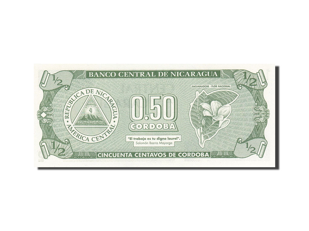 Nicaragua, 1/2 Cordoba, 1991-1992, KM:172, Undated (1992), UNC(63)