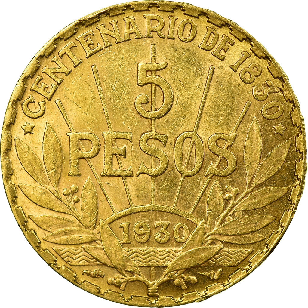 Coin, Uruguay, 5 Pesos, 1930, Paris, EF(40-45), Gold, KM:27