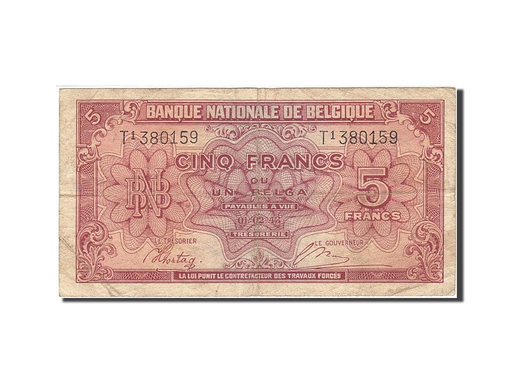 Belgique, 5 Francs-1 Belga, 1943-1945, KM:121, 1943-02-01, TB