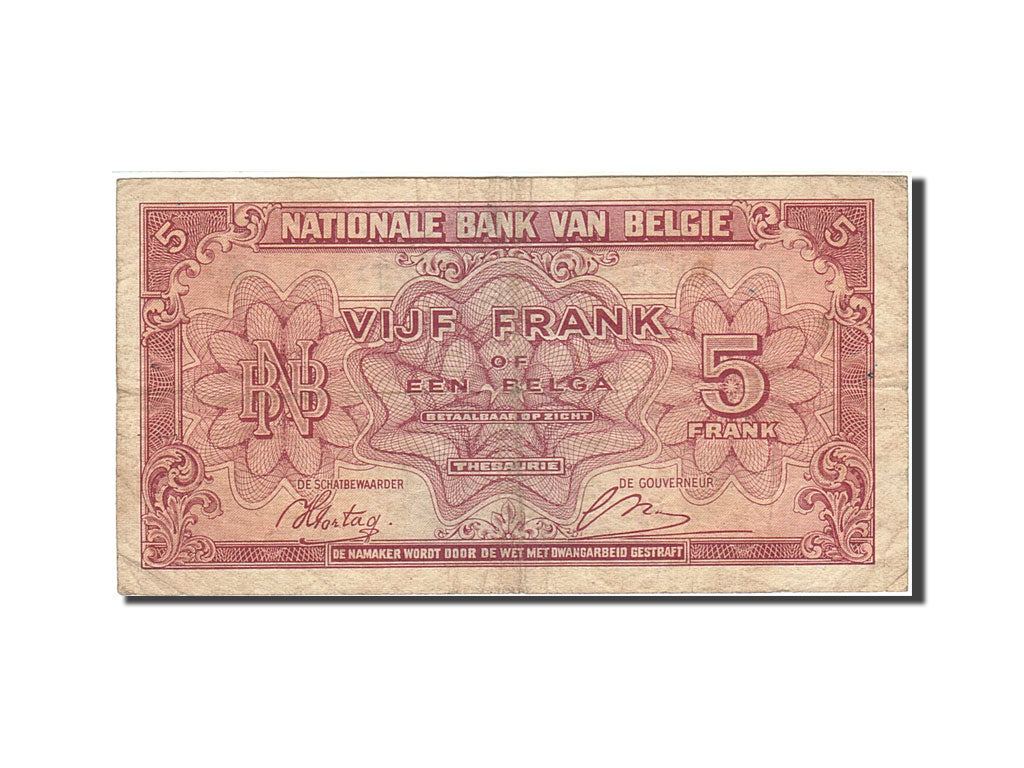 Belgique, 5 Francs-1 Belga, 1943-1945, KM:121, 1943-02-01, TB