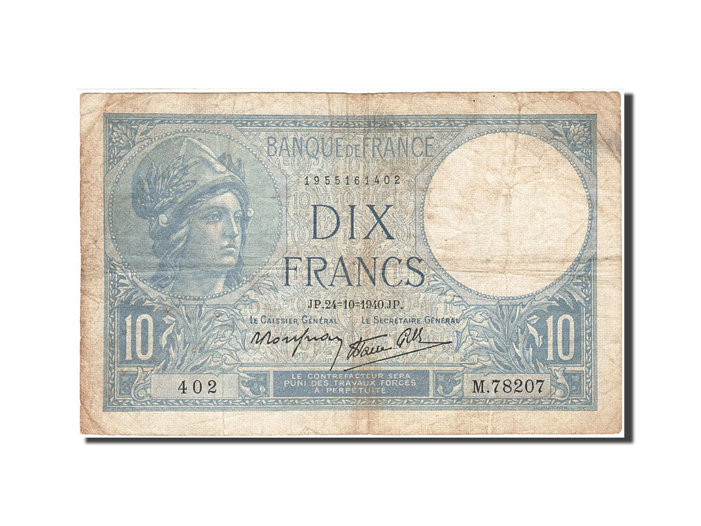 France, 10 Francs, 1915, KM:84, 1940-10-24, VF(20-25), Fayette:7.18