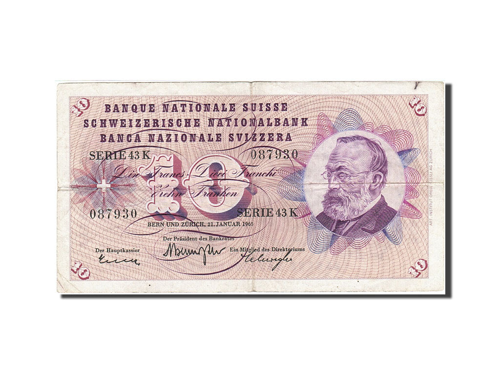 Banknote, Switzerland, 10 Franken, 1954-1961, 1965-01-21, KM:45j, VF(30-35)