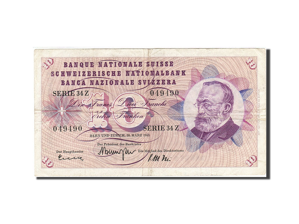 Billet, Suisse, 10 Franken, 1954-1961, 1963-03-28, KM:45h, TB