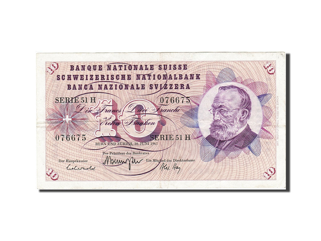 Billet, Suisse, 10 Franken, 1954-1961, 1967-06-30, KM:45m, TTB