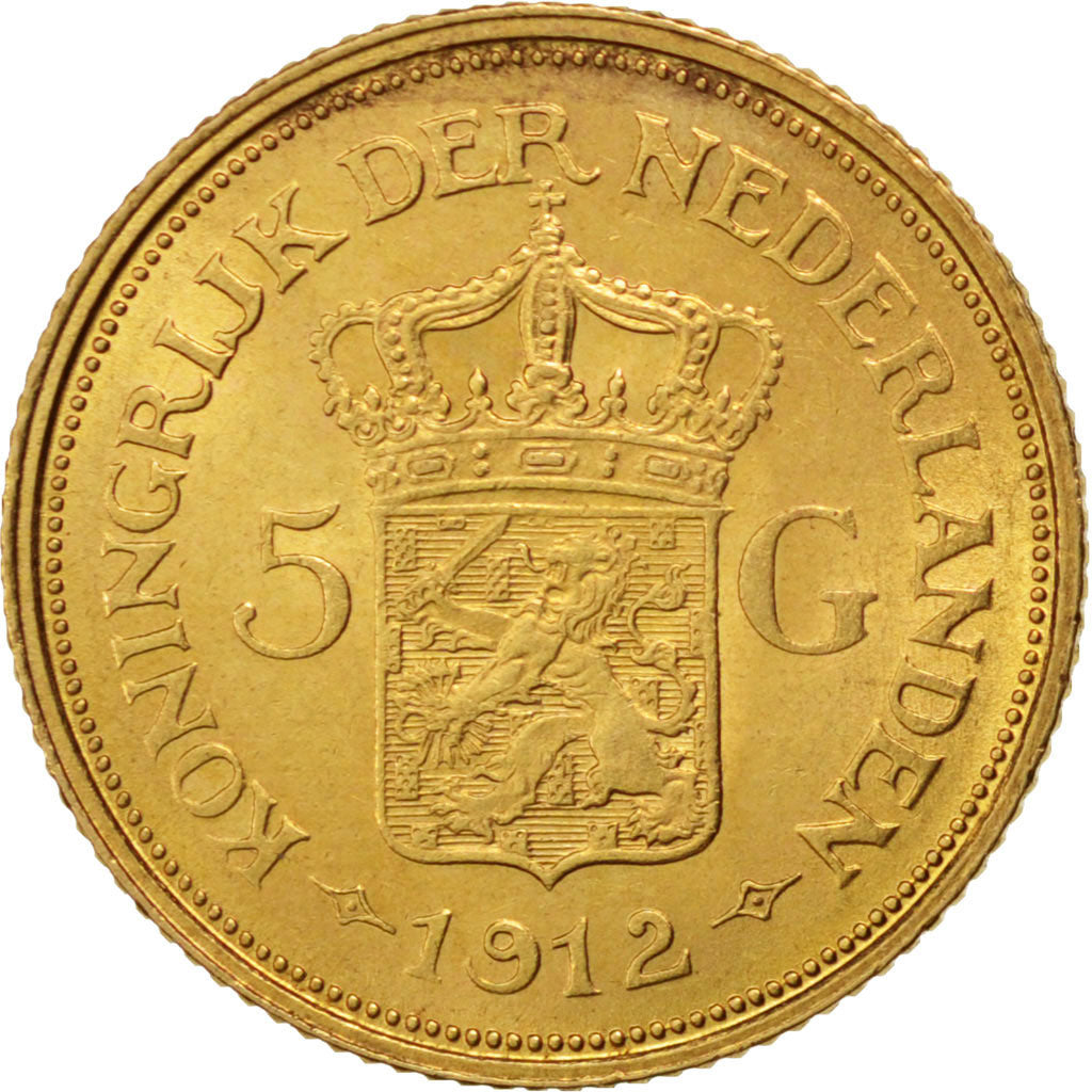 NETHERLANDS, 5 Gulden, 1912, KM #151, AU(55-58), Gold, 18, 3.37