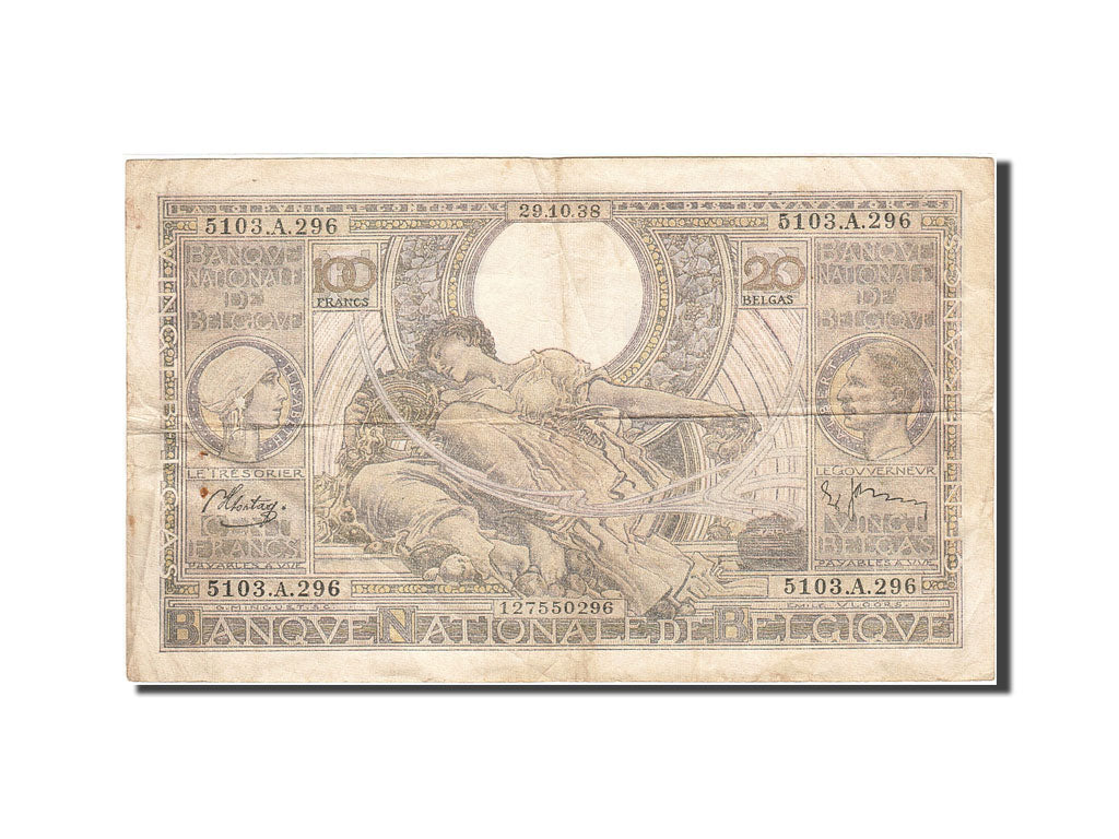 Belgique, 100 Francs-20 Belgas, 1933-1935, KM:107, 1938-10-29, TB