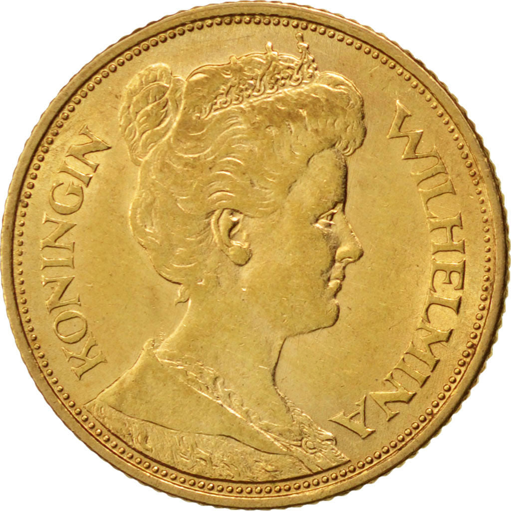 NETHERLANDS, 5 Gulden, 1912, KM #151, AU(55-58), Gold, 18, 3.36