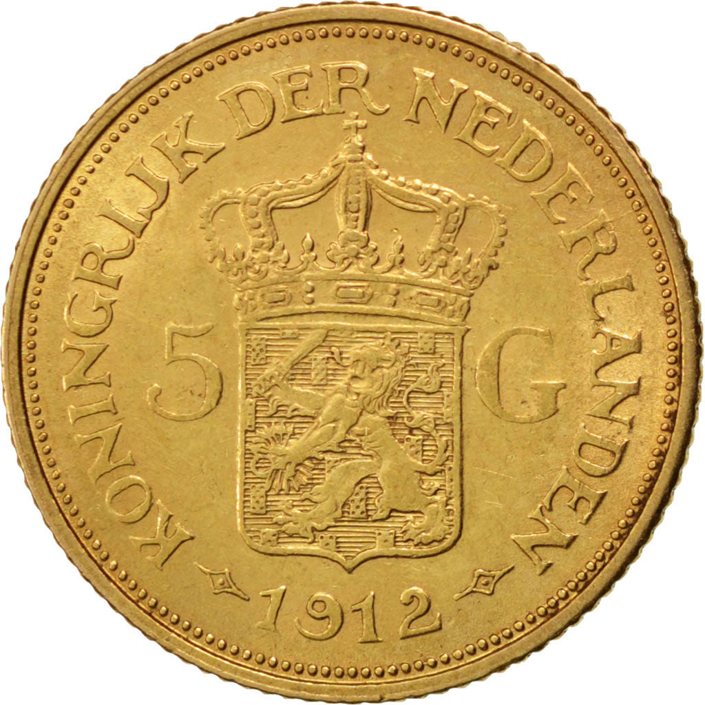 NETHERLANDS, 5 Gulden, 1912, KM #151, AU(55-58), Gold, 18, 3.36