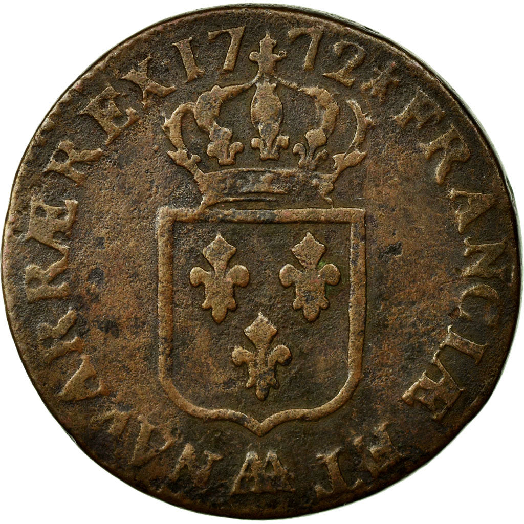 Moneda, Francia, Louis XV, Sol à la vieille tête, Sol, 1772, Metz, BC+, Cobre