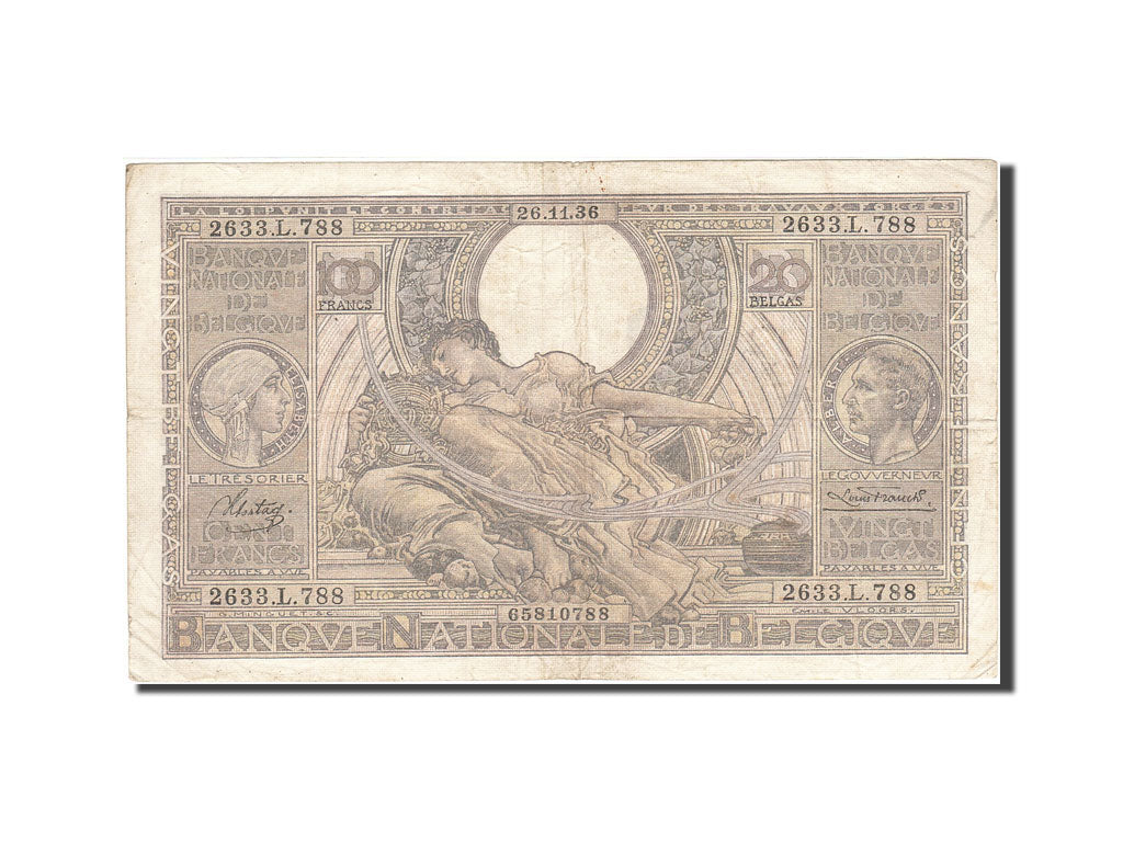 Belgium, 100 Francs-20 Belgas, 1933-1935, KM:107, 1936-11-26, VF(20-25)