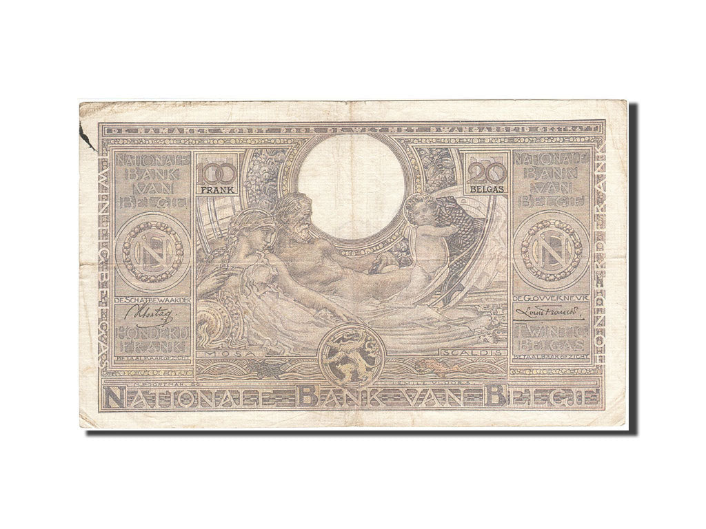 Belgium, 100 Francs-20 Belgas, 1933-1935, KM:107, 1936-11-26, VF(20-25)