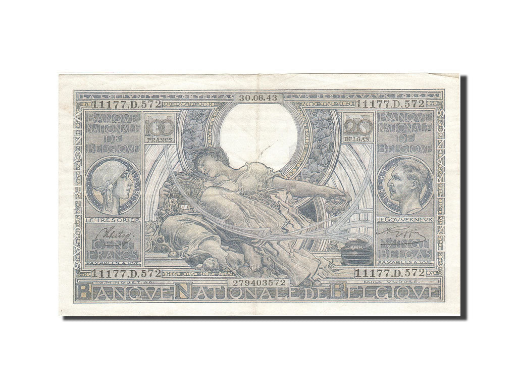 Geldschein, Belgien, 100 Francs-20 Belgas, 1933-1935, 1943-06-30, KM:107, SS+