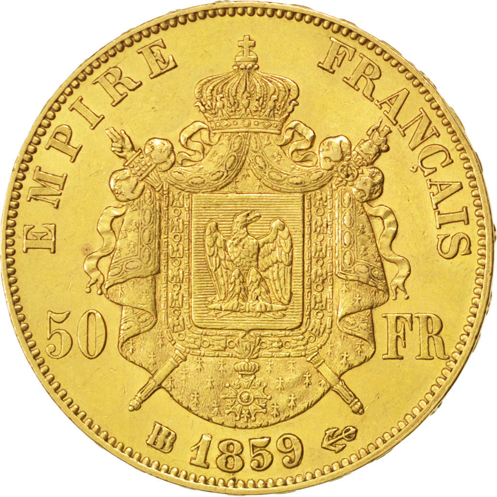 FRANCE, Napoléon III, 50 Francs, 1859, Strasbourg, KM #785.2, AU(50-53), Gold, G