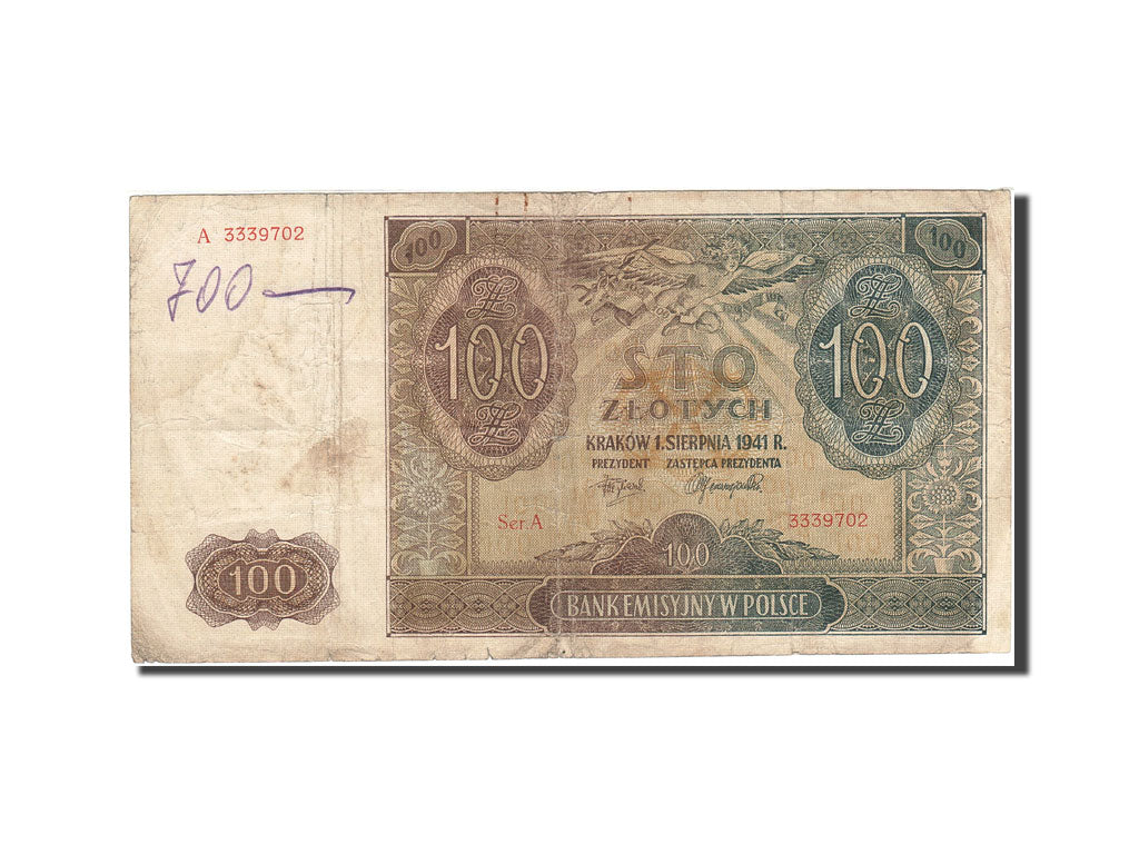 Poland, 100 Zlotych, 1941, 1941-08-01, KM:103, VF(20-25)