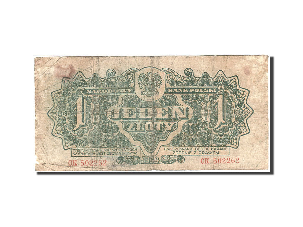 Poland, 1 Zloty, 1944, 1944, KM:105a, VG(8-10)