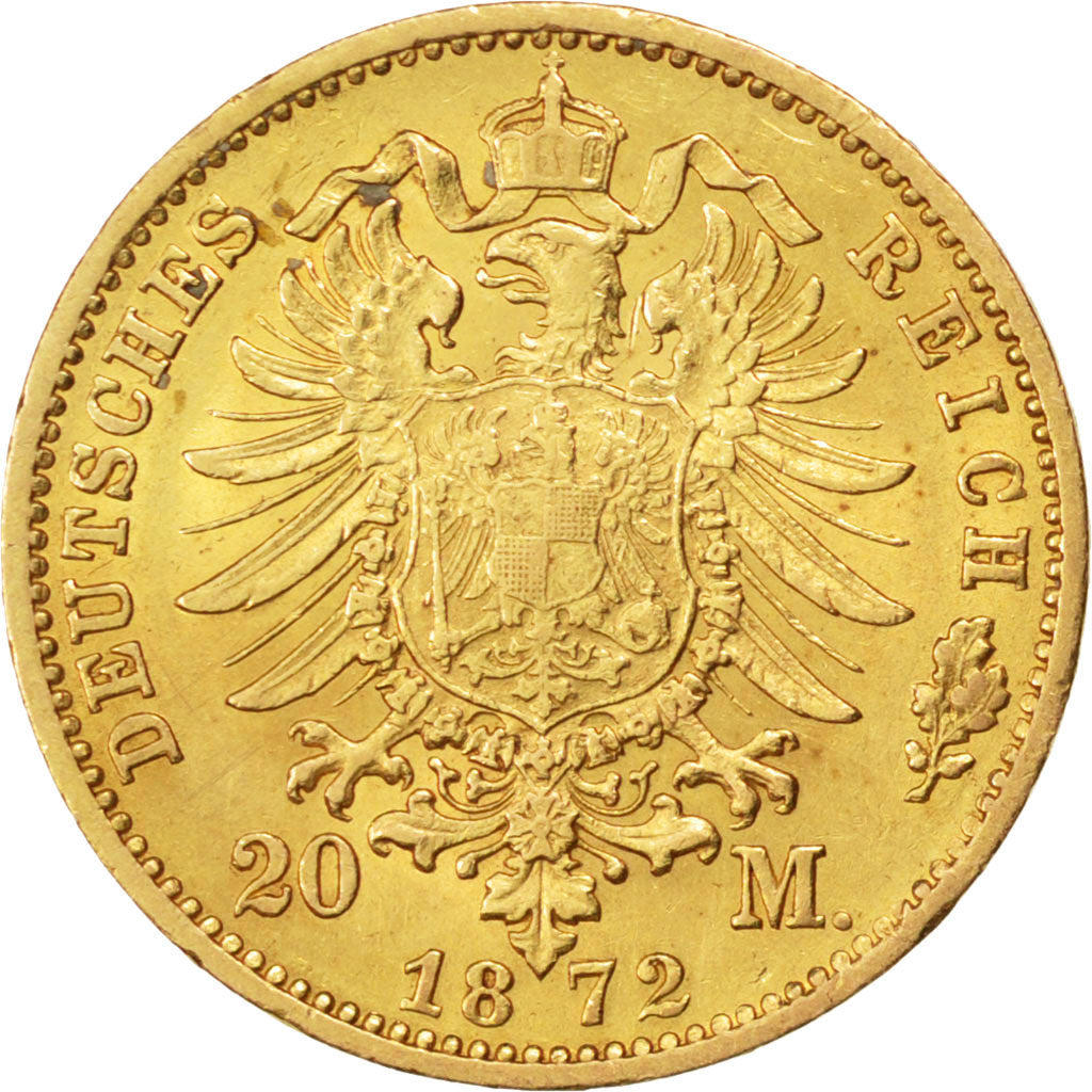 GERMAN STATES, 20 Mark, 1872, Stuttgart, KM #261, AU(50-53), Gold, 7.93