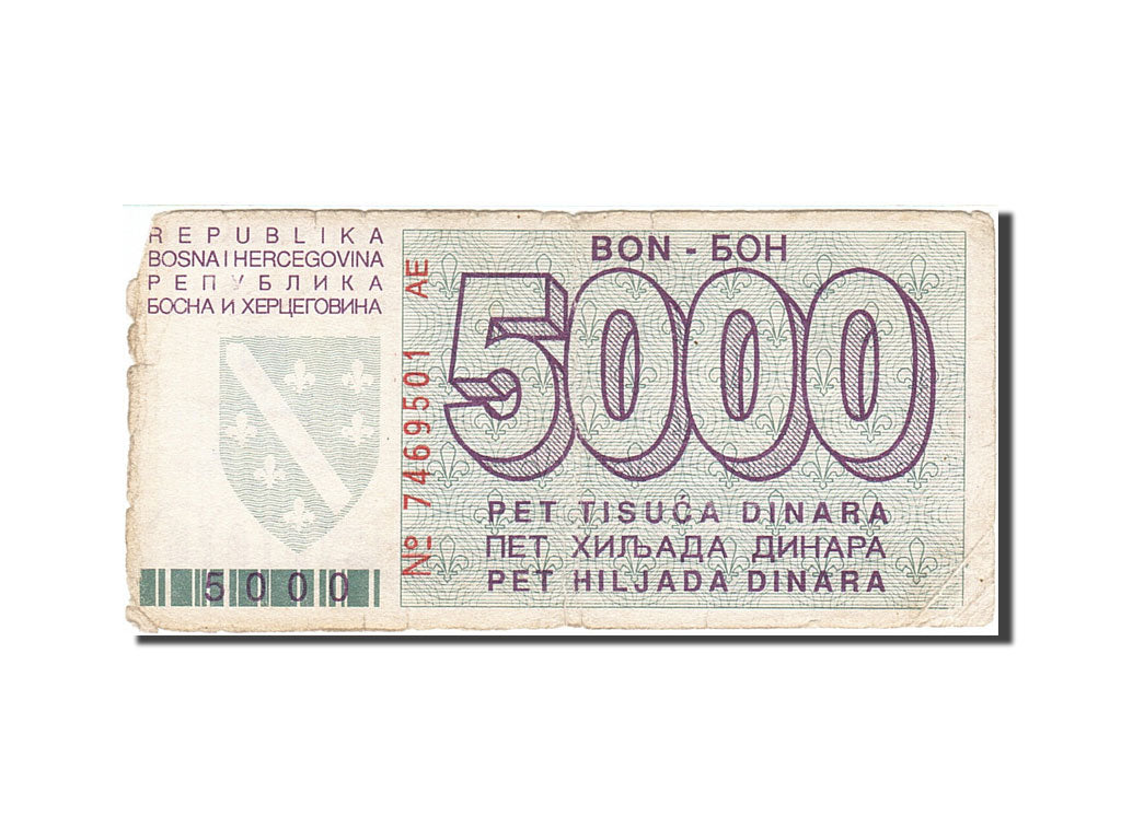 Bosnia - Herzegovina, 5000 Dinara, 1992-1994, KM:27A, 1992-08-01, VG(8-10)