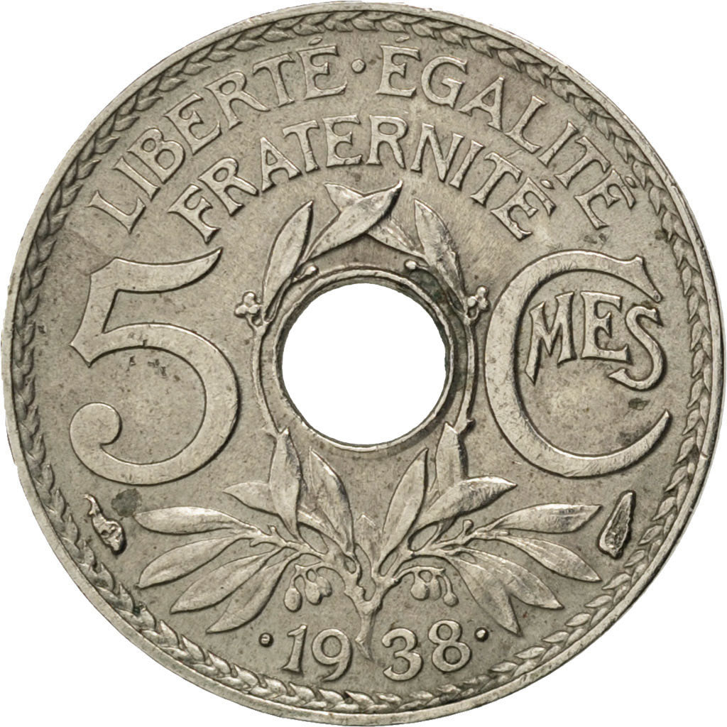 FRANCE, Lindauer, 5 Centimes, 1938, KM #875a, EF(40-45), Nickel-Bronze, 17,...