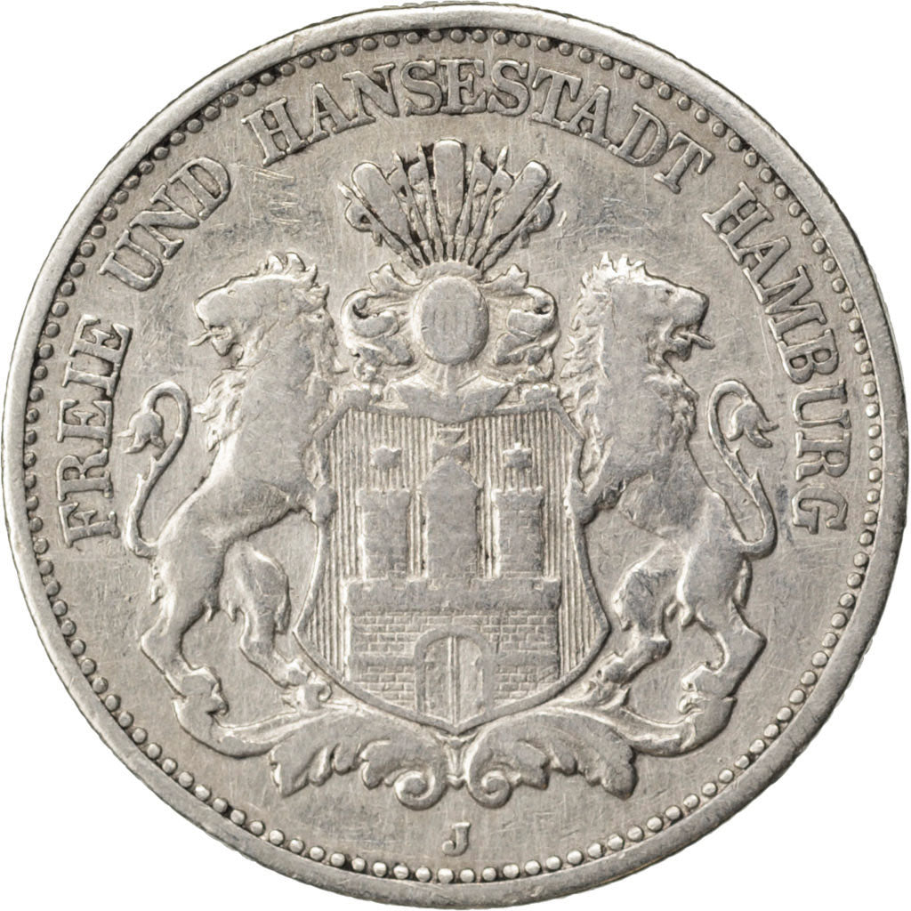 GERMAN STATES, 2 Mark, 1888, Hambourg, KM #604, VF(30-35), Silver, 10.90