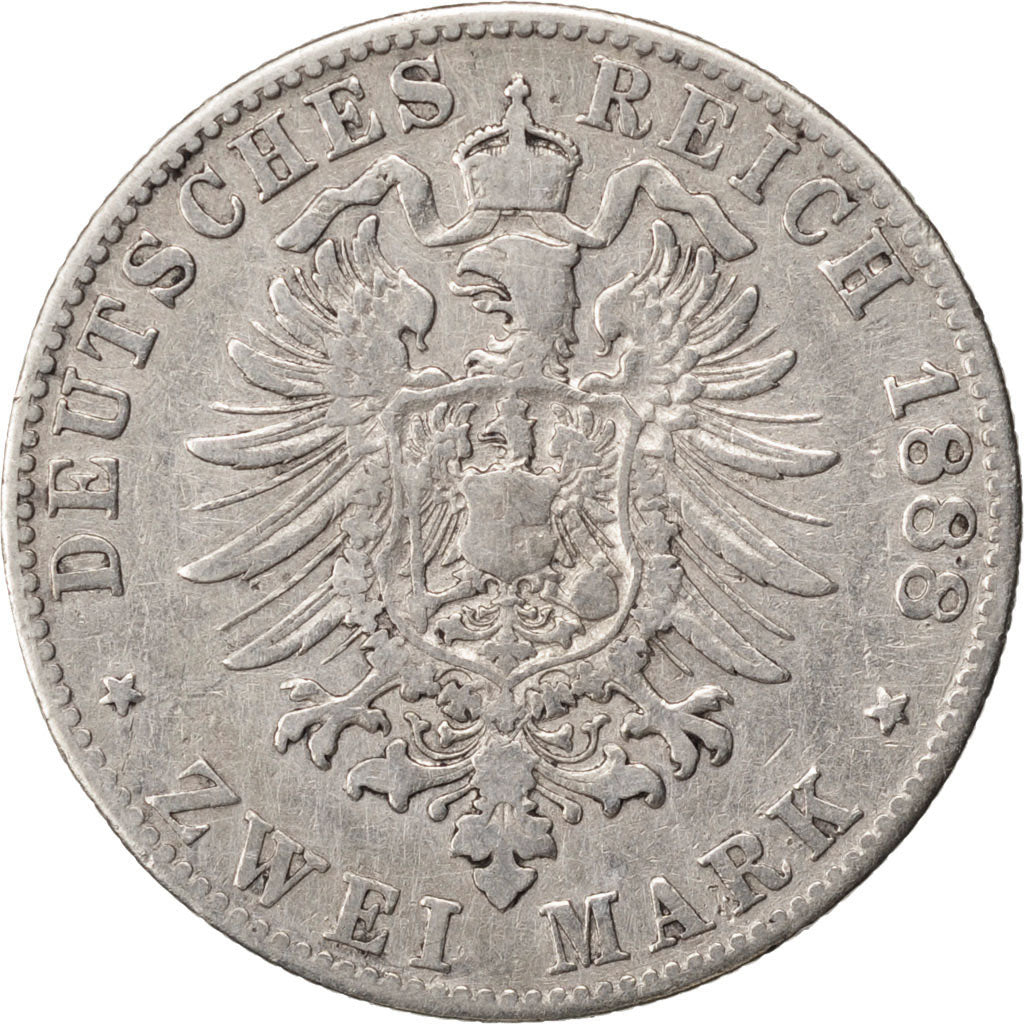 GERMAN STATES, 2 Mark, 1888, Hambourg, KM #604, VF(30-35), Silver, 10.90