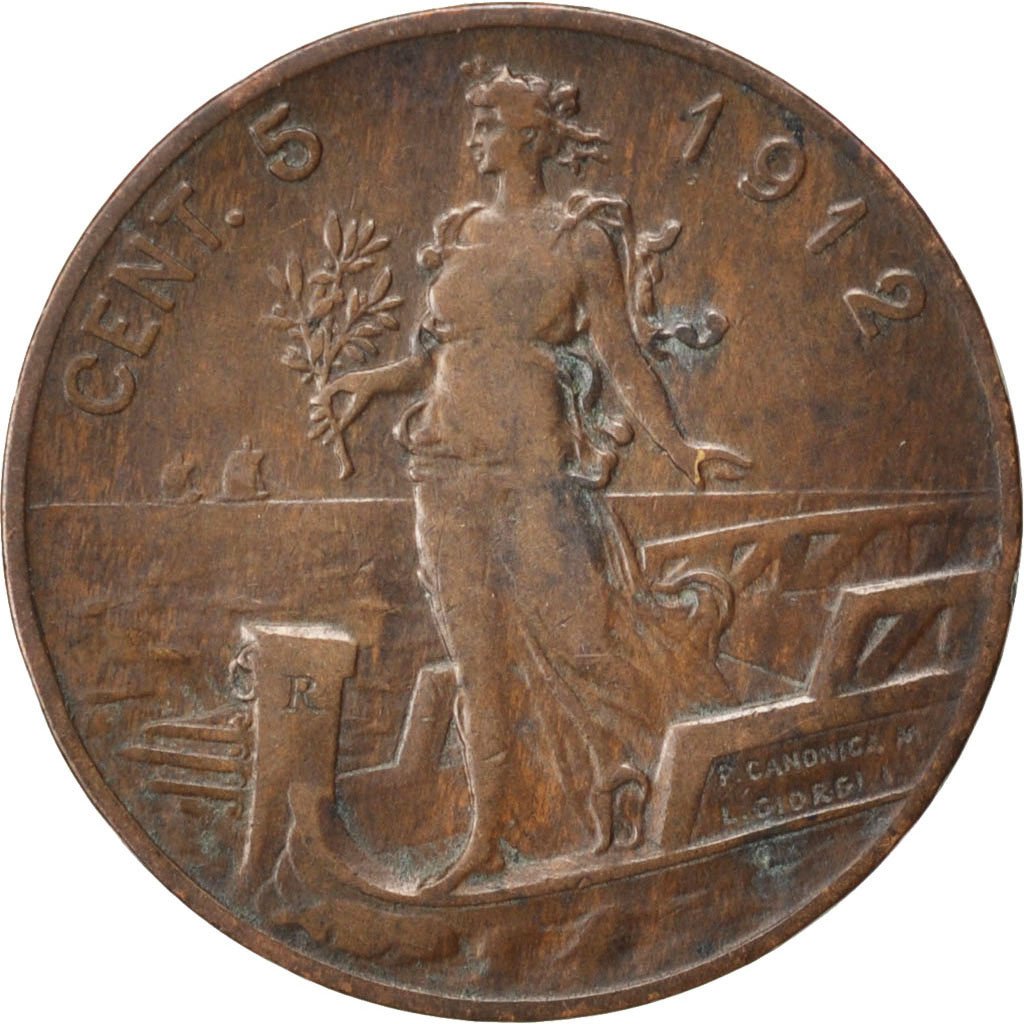 ITALY, 5 Centesimi, 1912, Rome, KM #42, VF(30-35), Bronze, 25, 4.78