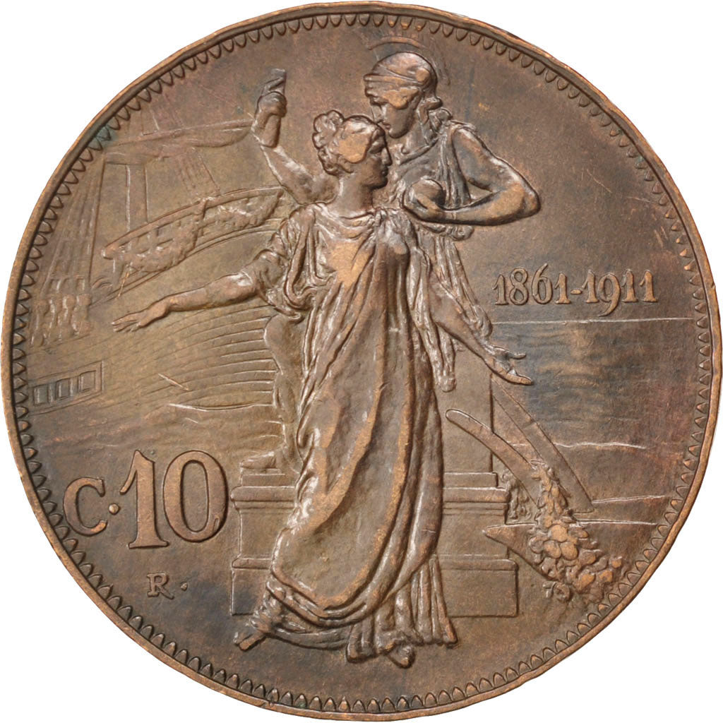 ITALY, 10 Centesimi, 1911, Rome, KM #51, EF(40-45), Bronze, 30.13, 9.96