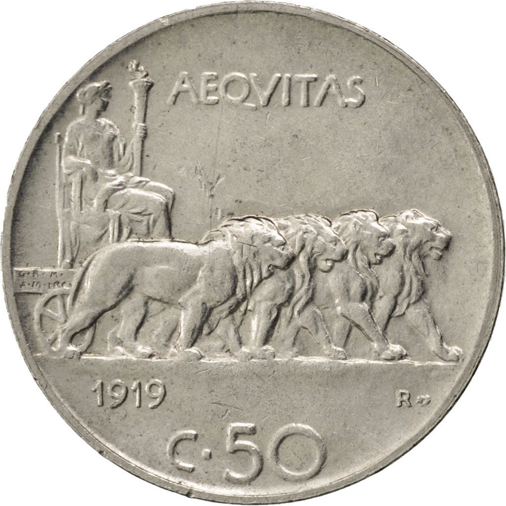 ITALY, 50 Centesimi, 1919, Rome, KM #61.1, EF(40-45), Nickel, 24, 6.00