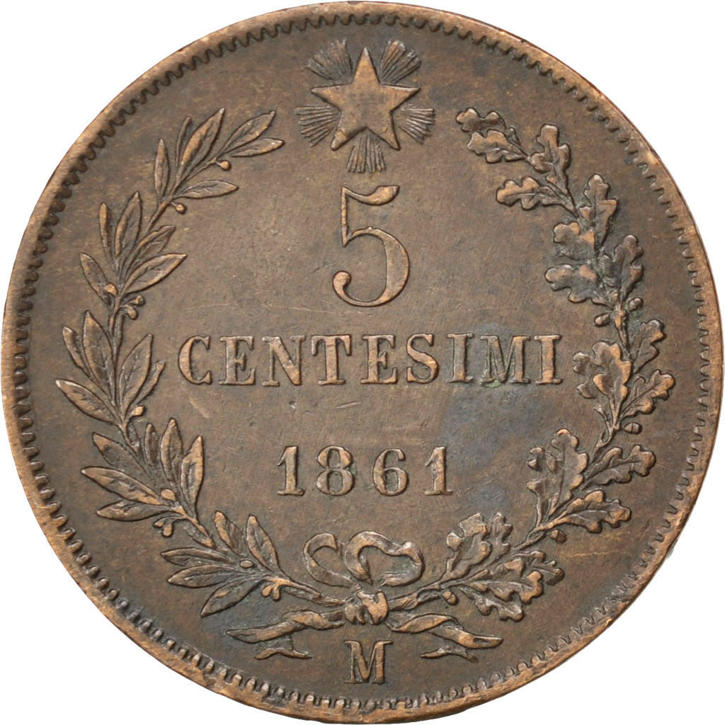 Coin, Italy, Vittorio Emanuele II, 5 Centesimi, 1861, Milan, AU(50-53), Copper