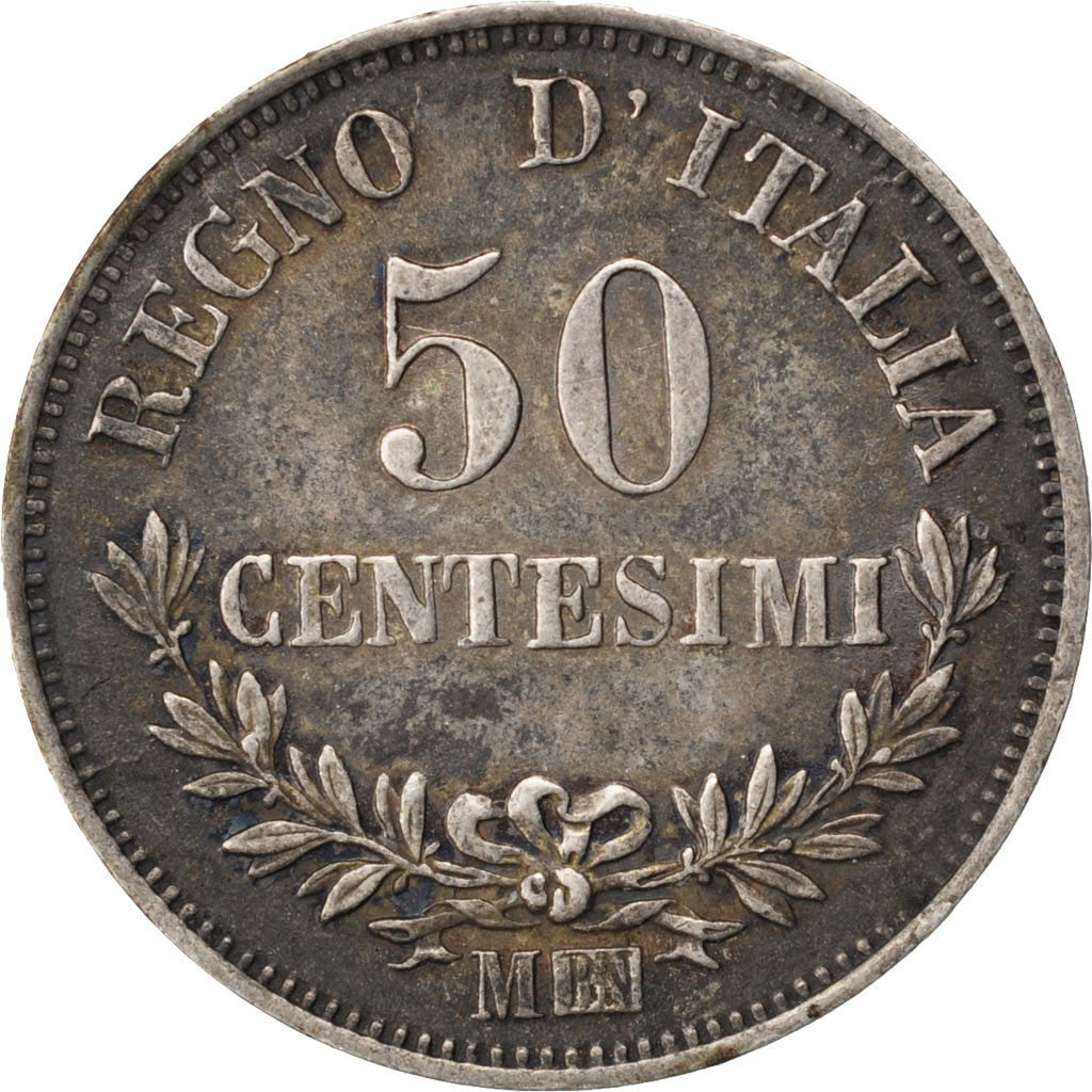 ITALY, 50 Centesimi, 1867, Milan, KM #14.1, AU(50-53), Silver, 2.52
