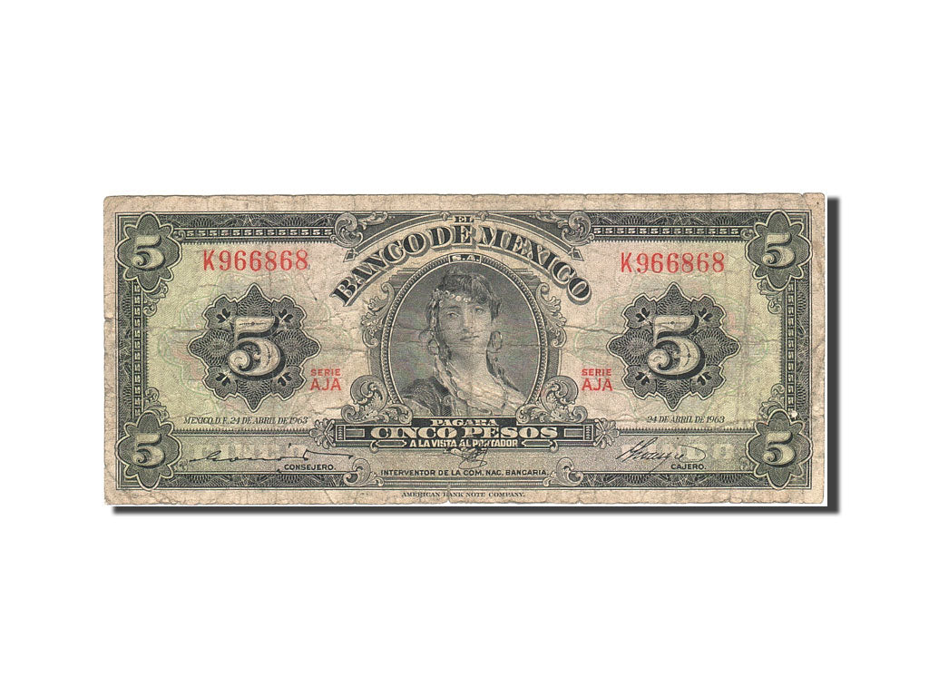 Banknote, Mexico, 5 Pesos, 1957-1961, 1963-04-24, KM:60h, VF(20-25)