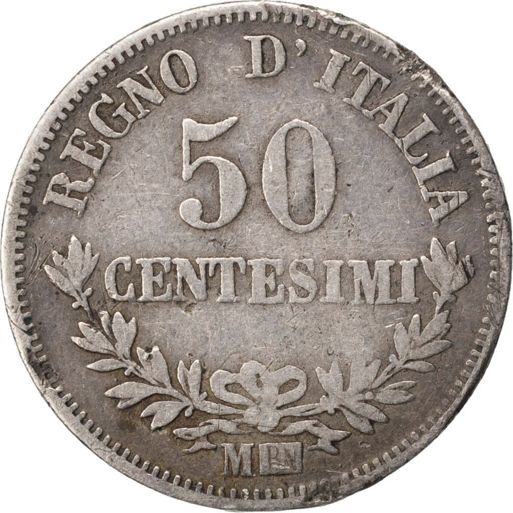 ITALY, 50 Centesimi, 1867, Milan, KM #14.1, VF(20-25), Silver, 2.36